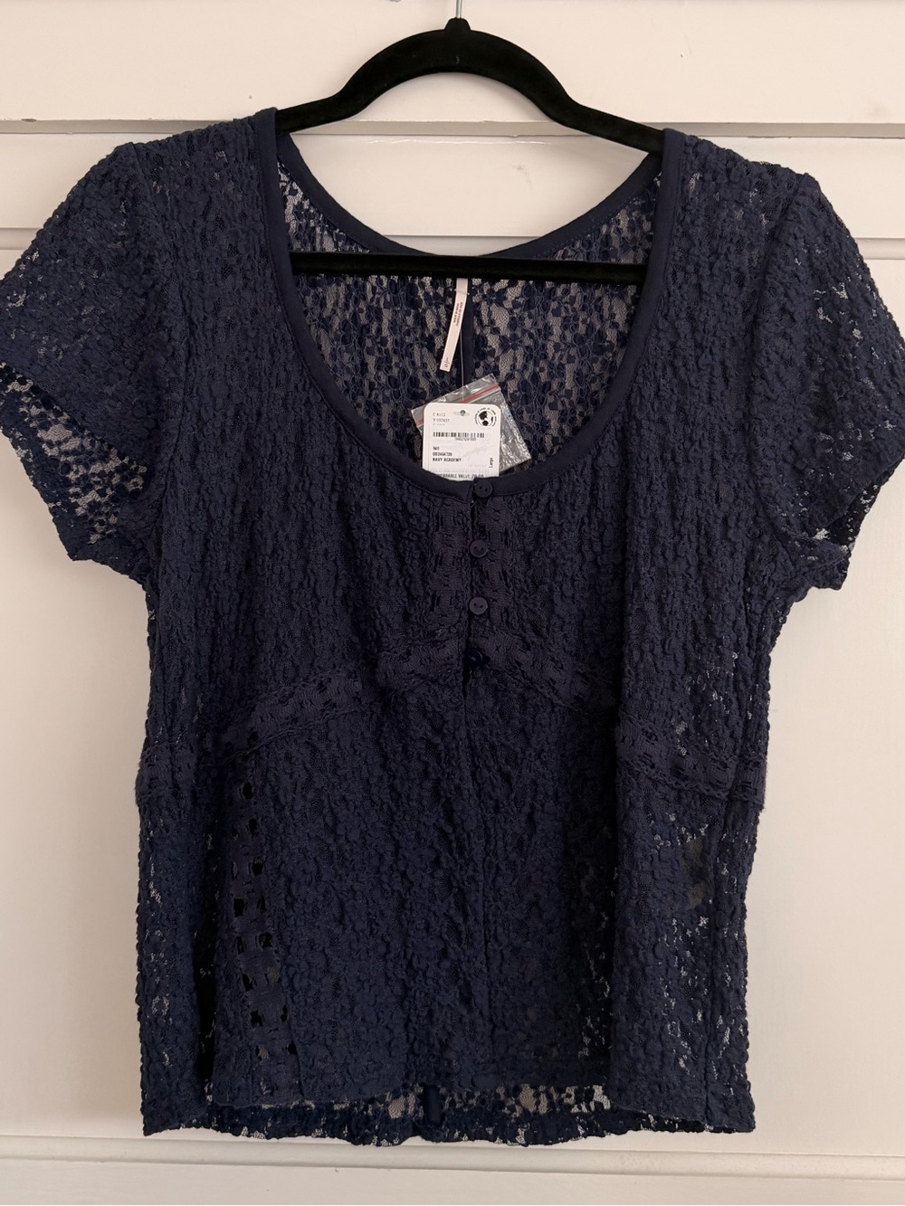 Free People Navy Lace Scoop Neck Short Sleeve Top